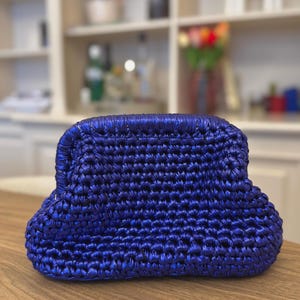 Royal Blue Handwoven Raffia Clutch: Crochet Evening Bag