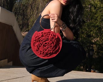 Handmade Rose Crochet Bag – Red Statement Ring Handle Purse by Zeyn.C London