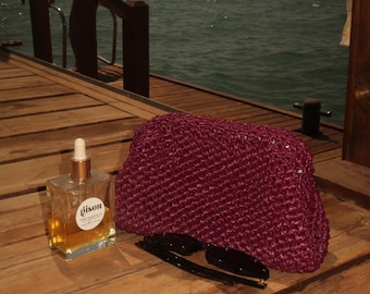 Burgundy Woven Clutch Bag/ Handmade Raffia Summer Bag
