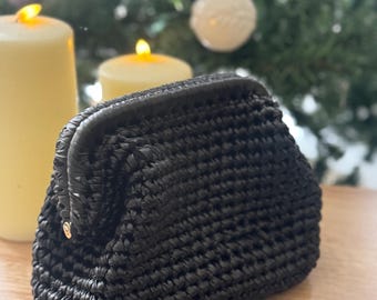 Black Crochet Raffia Clutch Bag: Handmade Statement Evening Purse