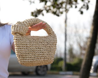 Hand-Crocheted Raffia Knot Bag – Natural Gold Boho Summer Bag by Zeyn.C London