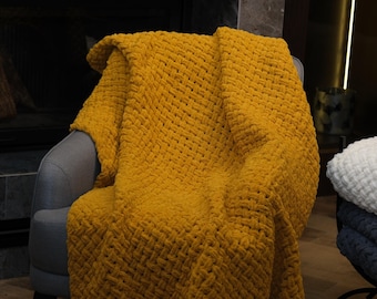 Chunky Knit Blanket: Handmade Wool Blend Throw Mustard Yellow - Boho Home Decor