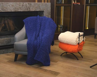 Chunky Knit Blanket: Handmade Wool Blend Throw Blue - Boho Home Decor