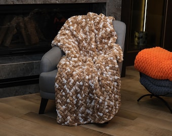 Chunky Knit Blanket: Handmade Wool Blend Throw Brown/White - Boho Home Decor