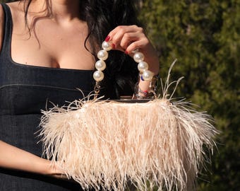 Feather & Pearl Strap Bag – Handmade Statement Evening Bag by Zeyn.C London
