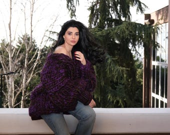 Oversized Chunky Knit Cardigan / Purple-Black