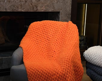 Chunky Knit Blanket: Handmade Wool Blend Throw Mandarin - Boho Home Decor