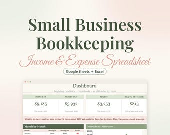 Small Business Bookkeeping Spreadsheet, Income and Expense Tracker for Google Sheets & Excel, Profit and Tax Set Aside Tracker