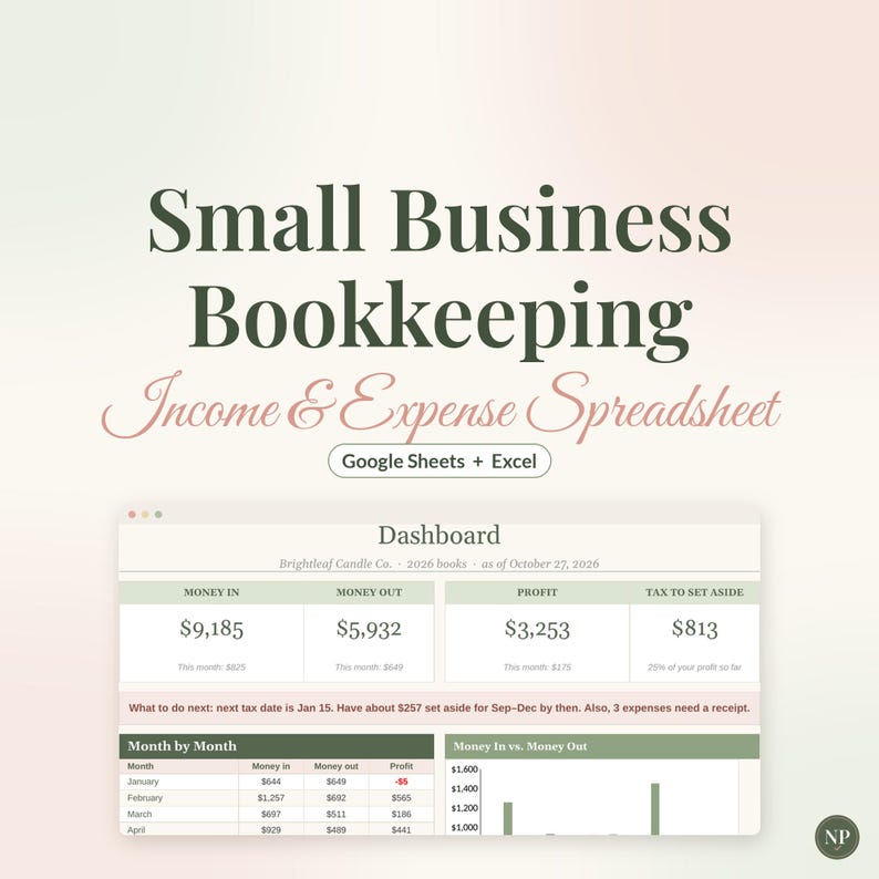 Small Business Bookkeeping Spreadsheet, Income and Expense Tracker for Google Sheets & Excel, Profit and Tax Set Aside Tracker image 1