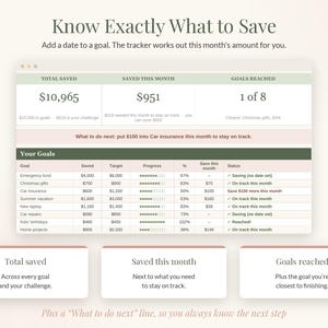 May include: A digital financial savings tracker interface displaying total saved, monthly progress, and goals reached. The table lists specific goals like emergency fund, Christmas gifts, and car insurance with columns for saved amounts, targets, progress bars, and status updates.