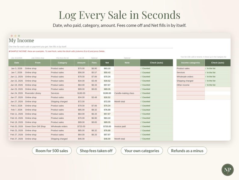 Small Business Bookkeeping Spreadsheet, Income and Expense Tracker for Google Sheets & Excel, Profit and Tax Set Aside Tracker image 4