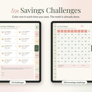 Op de afbeelding: Twee digitale tabletschermen met sjablonen voor financi&euml;le planning. Het linkerscherm toont tien spaaruitdagingen met tekstkoppen. Het rechterscherm toont een 100-enveloppen spaartracker-raster met genummerde vakjes van 1 tot 100, met een doel van $5.050.