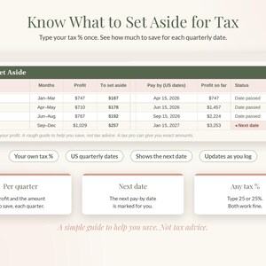 Small Business Bookkeeping Spreadsheet, Income and Expense Tracker for Google Sheets & Excel, Profit and Tax Set Aside Tracker image 3