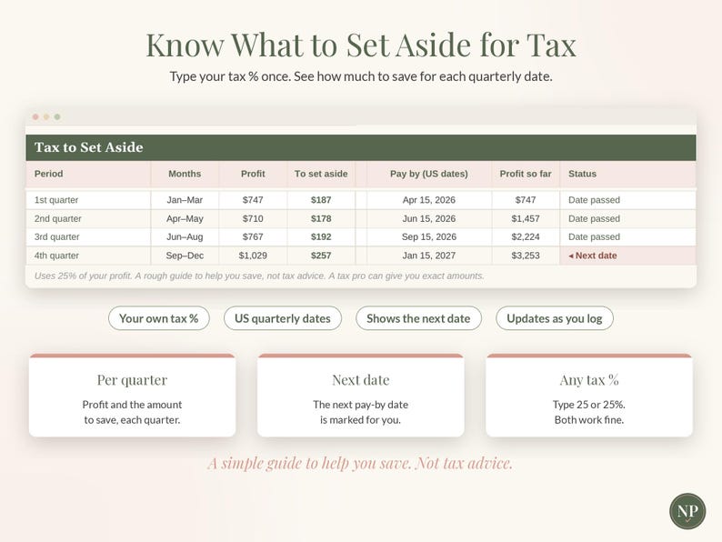 Small Business Bookkeeping Spreadsheet, Income and Expense Tracker for Google Sheets & Excel, Profit and Tax Set Aside Tracker image 3