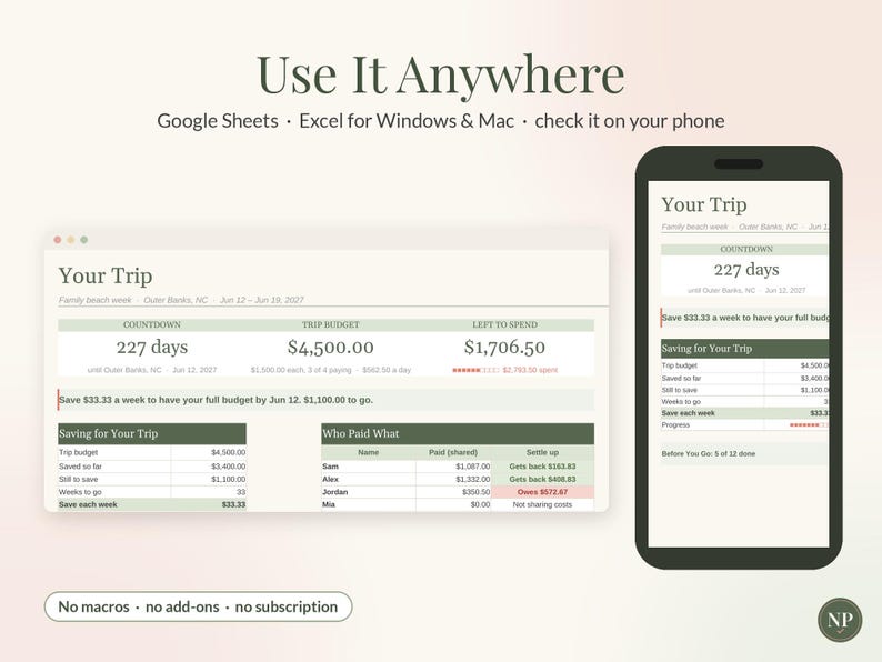 Vacation Budget Planner Spreadsheet for Google Sheets & Excel, Trip Planner with Countdown, Travel Expense Tracker, Split Costs image 8