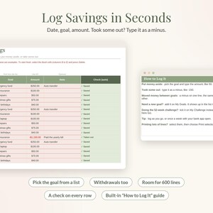 May include: A digital savings tracker spreadsheet interface featuring a My Savings table with columns for date, goal, amount, note, and check status. Includes a How to Log It guide window and buttons for features like 600 lines and goal lists.