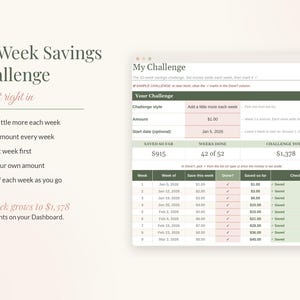 May include: A digital 52-Week Savings Challenge tracker featuring a table with columns for week, date, amount to save, and completion status. The interface displays a total saved amount of $915 out of $1,378, with 42 of 52 weeks marked as done.
