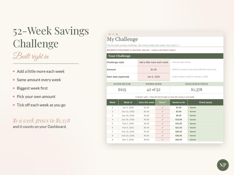 May include: A digital 52-Week Savings Challenge tracker featuring a table with columns for week, date, amount to save, and completion status. The interface displays a total saved amount of $915 out of $1,378, with 42 of 52 weeks marked as done.