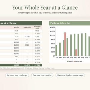 May include: A digital financial dashboard titled Your Whole Year at a Glance, featuring a table tracking monthly savings with columns for Put in, Taken out, and Running total, alongside a bar chart comparing Put in vs. Taken out values.