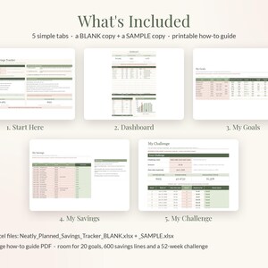 May include: A digital savings tracker spreadsheet featuring five tabs: Start Here, Dashboard, My Goals, My Savings, and My Challenge. The interface uses a color palette of sage green, soft pink, and white, displaying tables, charts, and text fields for financial planning.