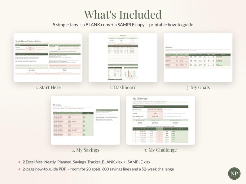 May include: A digital savings tracker spreadsheet featuring five tabs: Start Here, Dashboard, My Goals, My Savings, and My Challenge. The interface uses a color palette of sage green, soft pink, and white, displaying tables, charts, and text fields for financial planning.