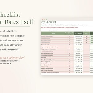 Może przedstawiać: Cyfrowy szablon listy kontrolnej zatytułowany A Checklist That Dates Itself, zawierający tabelę z kolumnami na zadania, dni do wielkiego dnia, daty, status ukończenia oraz automatyczne aktualizacje. Zawiera 20 gotowych zadań.