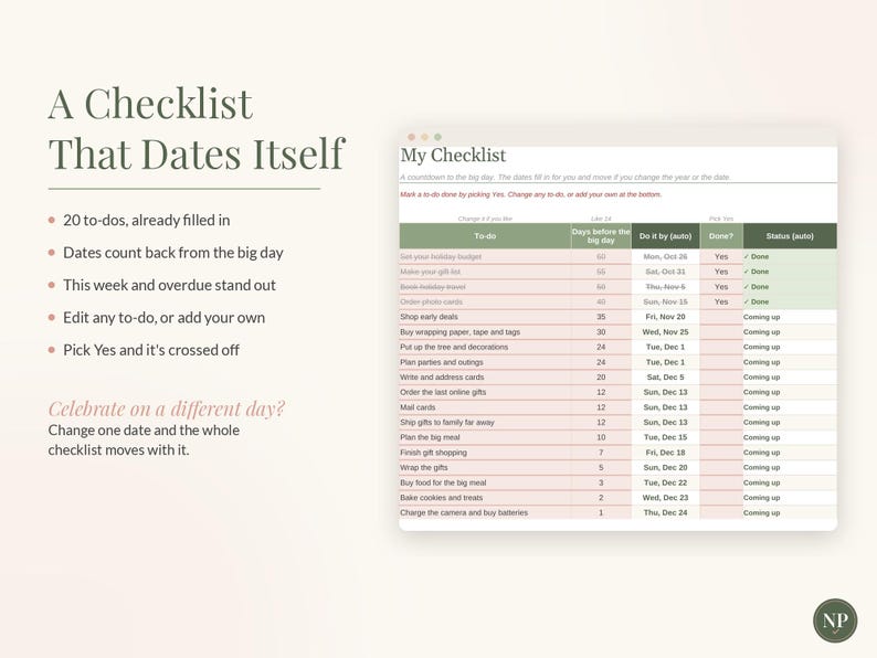 Może przedstawiać: Cyfrowy szablon listy kontrolnej zatytułowany A Checklist That Dates Itself, zawierający tabelę z kolumnami na zadania, dni do wielkiego dnia, daty, status ukończenia oraz automatyczne aktualizacje. Zawiera 20 gotowych zadań.