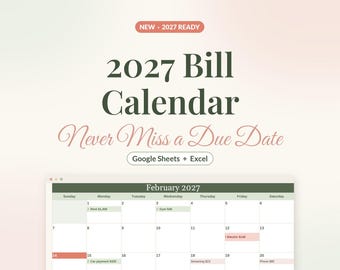 2027 Bill Calendar Spreadsheet, Monthly Bill Tracker for Google Sheets & Excel, Bill Payment Checklist, Due Date Planner Template