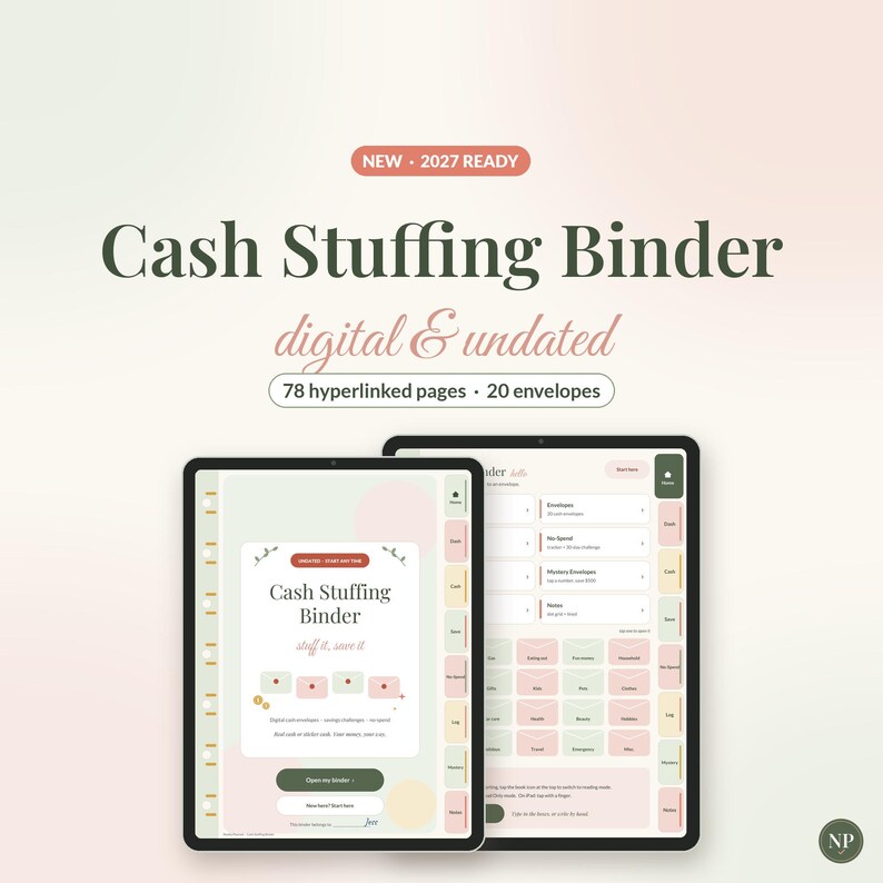 Op de afbeelding: Een digitale budgetplanner met 78 hyperlinked pagina's en 20 enveloppen. De interface toont tabbladen voor categorie&euml;n zoals enveloppen, uitgaven en spaardoelen, weergegeven op twee tabletschermen in een zacht pastelkleurenpalet.
