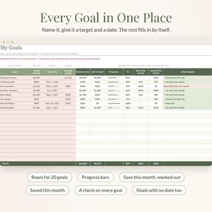 May include: A digital spreadsheet titled My Goals with columns for target amount, date, saved amount, and progress bars. The table includes rows for emergency funds, gifts, and vacations, with text labels below highlighting features like room for 20 goals.