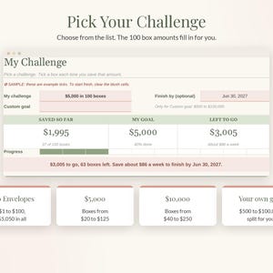 Pode incluir: Uma interface de rastreamento de poupan&ccedil;a intitulada Pick Your Challenge com se&ccedil;&otilde;es para My Challenge, valores de meta e barras de progresso. Abaixo, quatro caixas retangulares rotuladas 100 Envelopes, $5,000, $10,000 e Your own goal, detalhando v&aacute;rias metas financeiras.