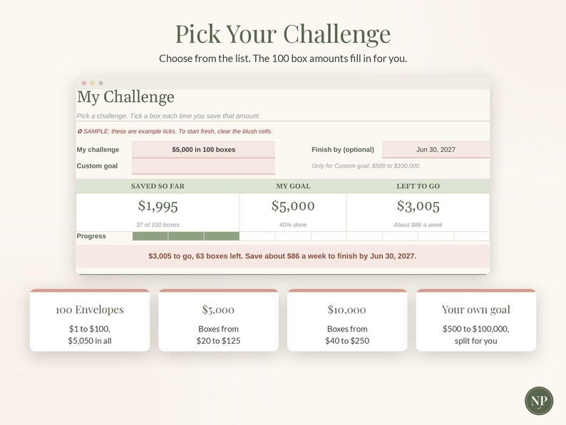 Pode incluir: Uma interface de rastreamento de poupan&ccedil;a intitulada Pick Your Challenge com se&ccedil;&otilde;es para My Challenge, valores de meta e barras de progresso. Abaixo, quatro caixas retangulares rotuladas 100 Envelopes, $5,000, $10,000 e Your own goal, detalhando v&aacute;rias metas financeiras.