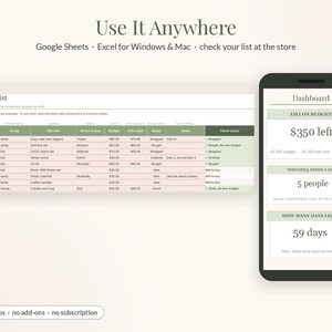 Może przedstawiać: Cyfrowy szablon arkusza kalkulacyjnego z listą prezent&oacute;w wyświetlany na ekranie komputera i smartfonie. Interfejs zawiera tabelę My Gift List z kolumnami dla odbiorc&oacute;w, prezent&oacute;w, budżet&oacute;w i status&oacute;w oraz pulpit nawigacyjny.