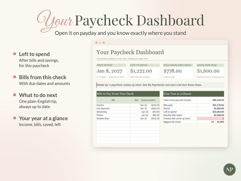 Paycheck Budget Spreadsheet, Bills by Paycheck Planner for Google Sheets & Excel, Biweekly Budget Template, Weekly Paycheck Tracker image 3