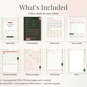 Op de afbeelding: Een digitale budgetplanner-set met acht documentweergaven, waaronder een lichte map, donkere map, stickerboek, handleiding, spaarchallenges, mysterie-enveloppen, maandelijkse logs en notitiepagina's met tekstlabels.