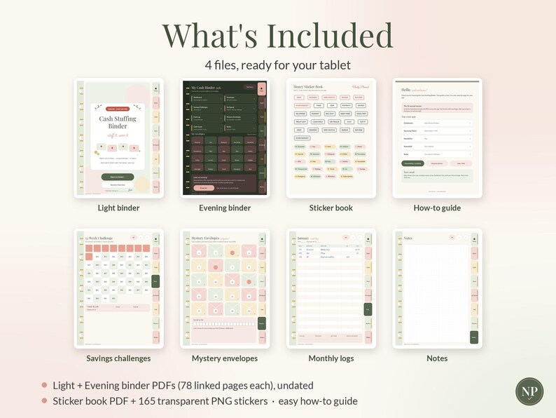 Op de afbeelding: Een digitale budgetplanner-set met acht documentweergaven, waaronder een lichte map, donkere map, stickerboek, handleiding, spaarchallenges, mysterie-enveloppen, maandelijkse logs en notitiepagina's met tekstlabels.