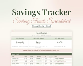 Savings Tracker Spreadsheet, Sinking Funds Tracker, 52 Week Savings Challenge for Google Sheets & Excel, Savings Goal Planner