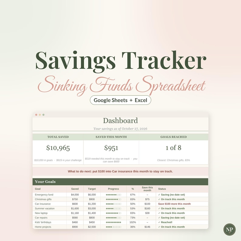 Savings Tracker Spreadsheet, Sinking Funds Tracker, 52 Week Savings Challenge for Google Sheets & Excel, Savings Goal Planner image 1