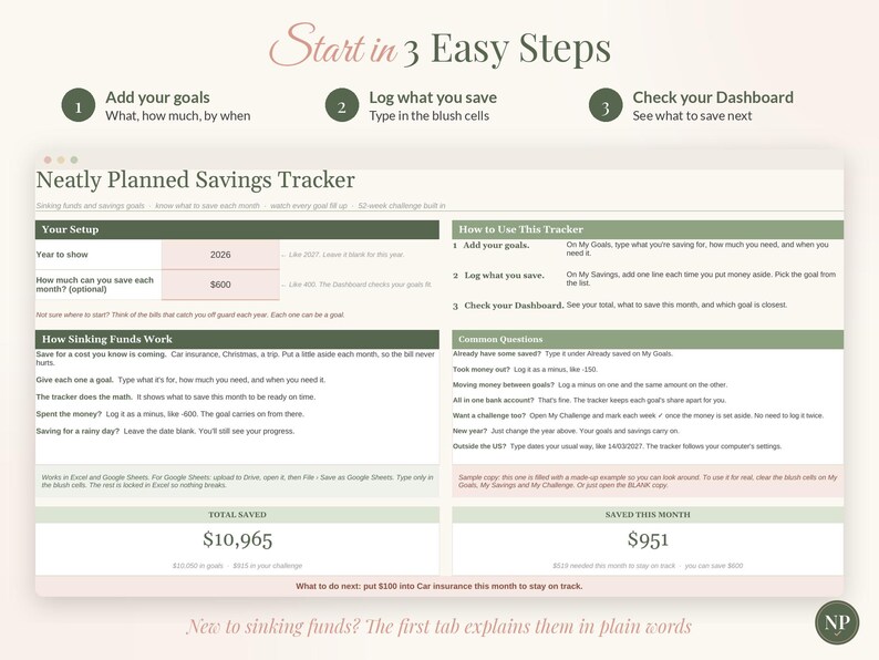 May include: A digital savings tracker spreadsheet titled Neatly Planned Savings Tracker. The interface features sections for setup, sinking funds, and common questions, with input fields for goals, monthly savings, and a dashboard summary.