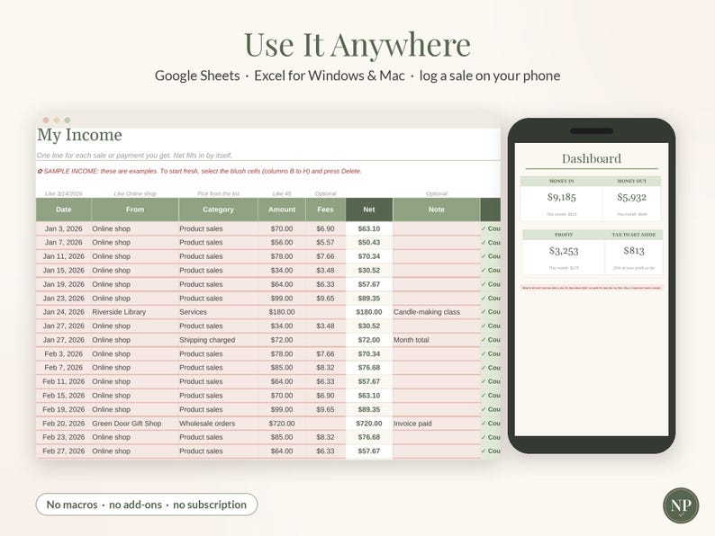 Small Business Bookkeeping Spreadsheet, Income and Expense Tracker for Google Sheets & Excel, Profit and Tax Set Aside Tracker image 9