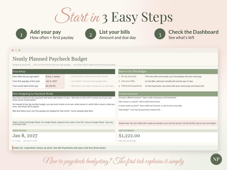 Paycheck Budget Spreadsheet, Bills by Paycheck Planner for Google Sheets & Excel, Biweekly Budget Template, Weekly Paycheck Tracker image 5