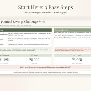 Pode incluir: Uma planilha digital de rastreamento de economias intitulada Neatly Planned Savings Challenge Mini. Inclui se&ccedil;&otilde;es para 3 passos f&aacute;ceis, perguntas comuns e resumos financeiros mostrando $1.995 economizados de uma meta de $5.000.