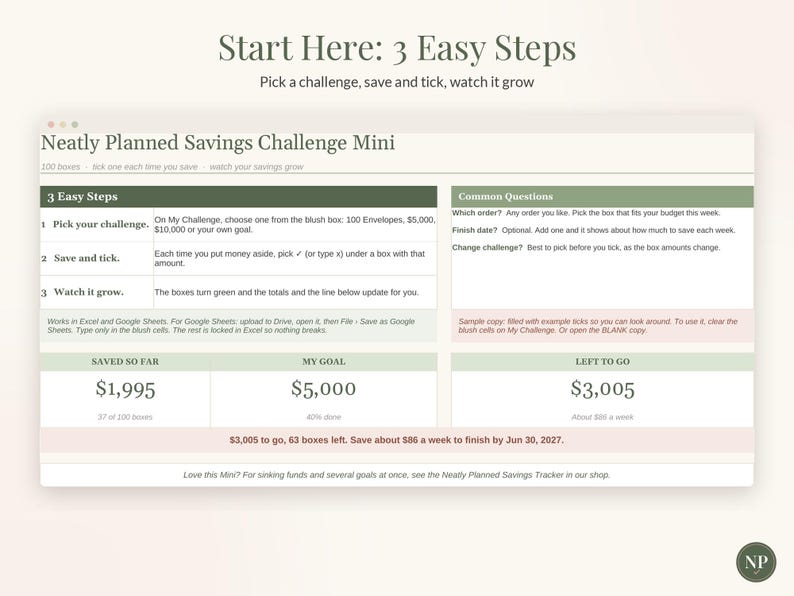 Pode incluir: Uma planilha digital de rastreamento de economias intitulada Neatly Planned Savings Challenge Mini. Inclui se&ccedil;&otilde;es para 3 passos f&aacute;ceis, perguntas comuns e resumos financeiros mostrando $1.995 economizados de uma meta de $5.000.