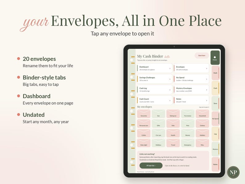Op de afbeelding: Een digitale kasboekplanner weergegeven op een tabletscherm. De interface bevat een dashboard met 20 aanpasbare enveloppen, tabbladen in ordnerstijl en secties voor spaaruitdagingen, kaslogboeken en notities. Tekst: your Envelopes, All in One Place.