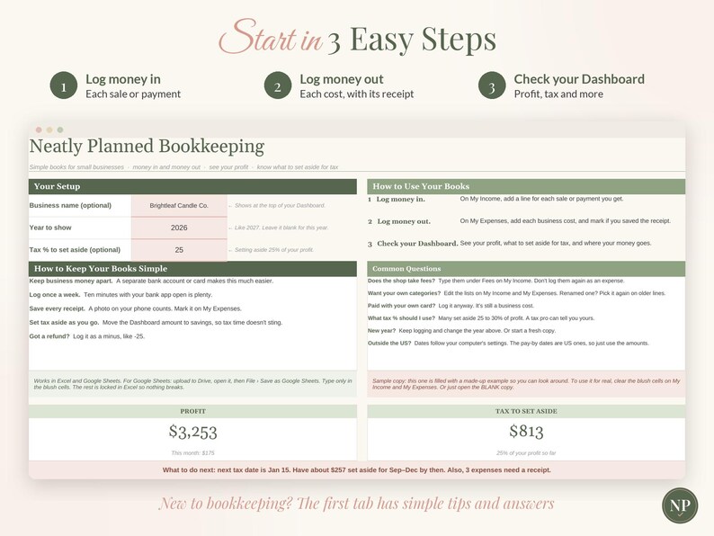 Small Business Bookkeeping Spreadsheet, Income and Expense Tracker for Google Sheets & Excel, Profit and Tax Set Aside Tracker image 7