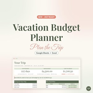 Vacation Budget Planner Spreadsheet for Google Sheets & Excel, Trip Planner with Countdown, Travel Expense Tracker, Split Costs image 1