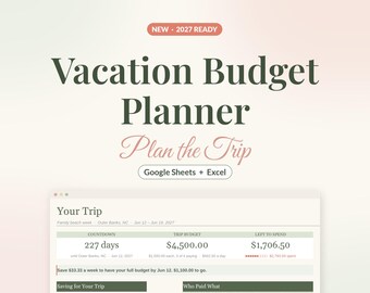 Vacation Budget Planner Spreadsheet for Google Sheets & Excel, Trip Planner with Countdown, Travel Expense Tracker, Split Costs