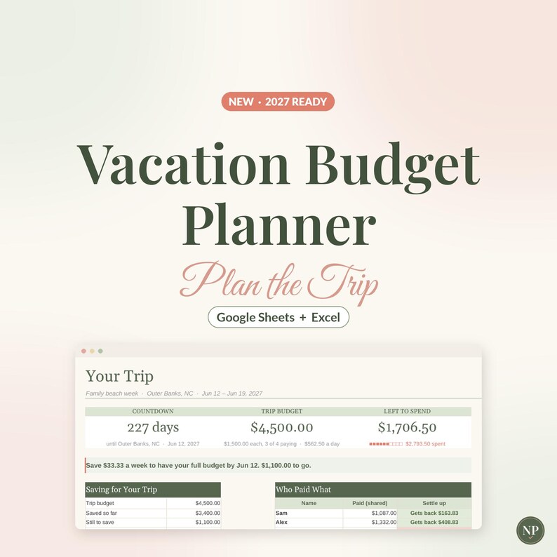 Vacation Budget Planner Spreadsheet for Google Sheets & Excel, Trip Planner with Countdown, Travel Expense Tracker, Split Costs image 1