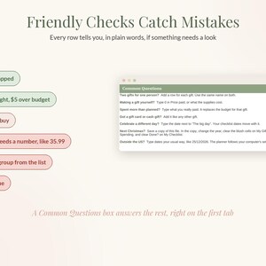 Może przedstawiać: Interfejs planera cyfrowego z nagł&oacute;wkiem Friendly Checks Catch Mistakes oraz listą etykiet statusu, w tym Wrapped, Bought, 5 over budget, Still to buy, Price needs a number, Pick a group oraz Overdue.