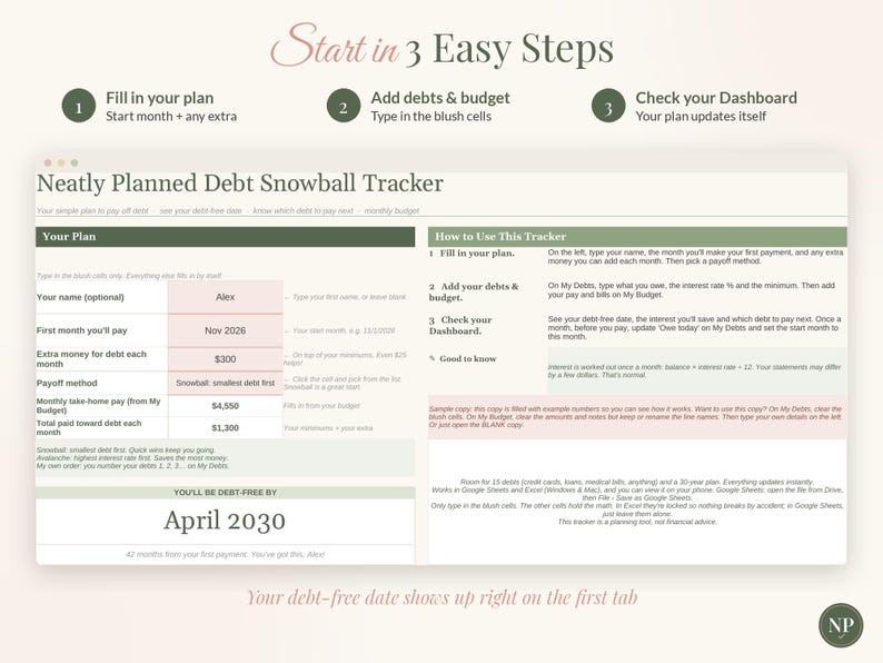 Foglio di calcolo per il metodo "palla di neve" per il rimborso dei debiti, strumento di monitoraggio del rimborso dei debiti, modello per Fogli Google ed Excel, pianificatore per il rimborso delle carte di credito, budget mensile, metodo "a valanga" immagine 7